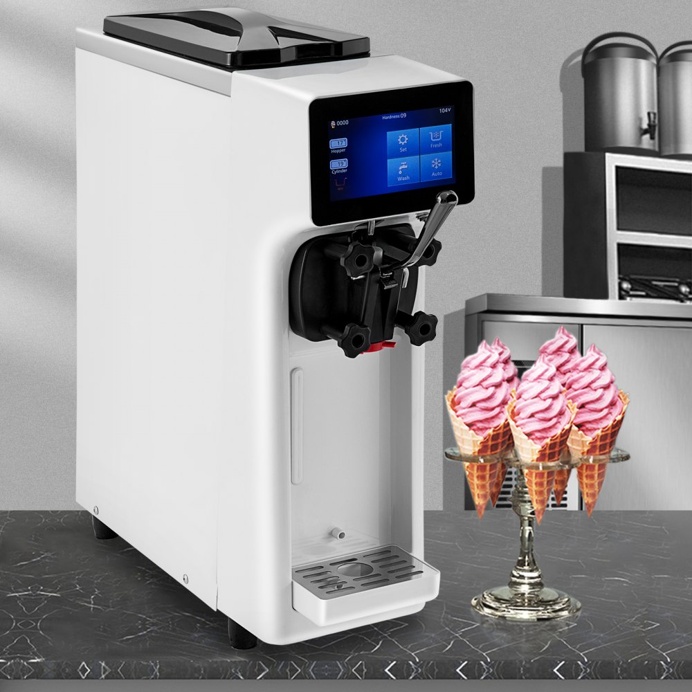 VEVOR Commercial Ice Cream Maker, 10-20L/H Yield, 1000W Countertop Soft Serve Machine with 4.5L Hopper 1.6L Cylinder Touch Screen Puffing Shortage Alarm, Frozen Yogurt Maker for Café Snack Bar, White