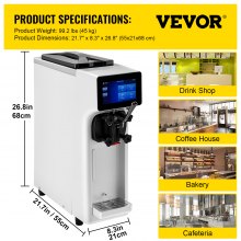 VEVOR Machine à glace commerciale, rendement 10-20 L/H, machine à service doux de comptoir 1000 W avec trémie de 4,5 L, cylindre de 1,6 L, écran tactile, alarme de pénurie, machine à yaourt glacé pour café snack-bar, blanc