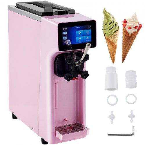 VEVOR Commercial Ice Cream Maker, 10-20L/H Yield, 1000W Countertop Soft Serve Machine with 4.5L Hopper 1.6L Cylinder, Frozen Yogurt Maker with Touch Screen Puffing Pre-Cooling Shortage Alarm, Pink