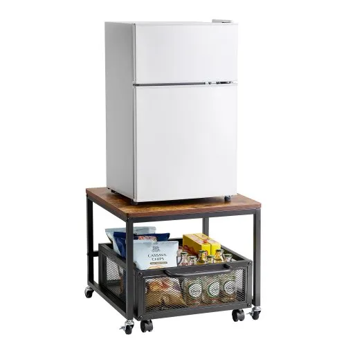 VEVOR Mini Fridge Stand with Storage, 198 lbs Mini Fridge Table with Movable Storage Cart & Swivel Wheels, Beverage Refrigerator Stand for Coffee Bar, Mini Fridge Organizer for Home Dorm, Light Brown