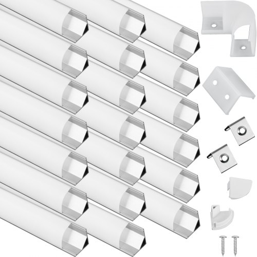 VEVOR LED V Channels, 20-Pack 3.3 ft V-Shaped LED Channel System, Aluminum LED Strip Light Channels, LED Channels with Diffused Cover, End Caps, and Mounting Clips for LED Strip Light Installations