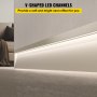 VEVOR LED V Channels, 6-Pack 6.6 ft V-Shaped LED Channel System, Aluminum LED Strip Light Channels, LED Channels with Diffused Cover, End Caps, and Mounting Clips for LED Strip Light Installations