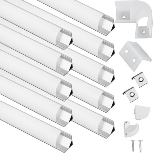 VEVOR LED V Channels, 10-Pack 6.6 ft V-Shaped LED Channel System, Aluminum LED Strip Light Channels, LED Channels with Diffused Cover, End Caps, and Mounting Clips for LED Strip Light Installations