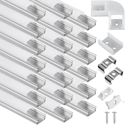 VEVOR LED U Channels, 20-Pack 6.6 ft U-Shaped LED Channel System, Aluminum LED Strip Light Channels, LED Channels with Diffused Cover, End Caps, and Mounting Clips for LED Strip Light Installations