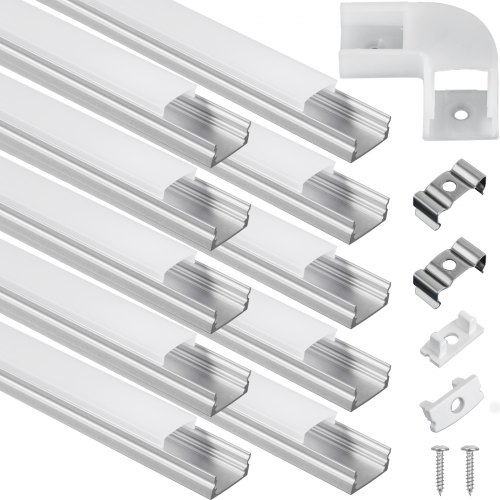 VEVOR LED U Channels, 10PCS 6.56FT LED Aluminum Channel System, U-Shaped LED Strip Light Channels, LED Channels with Diffused Cover, End Caps, and Mounting Clips for LED Strip Light Installations