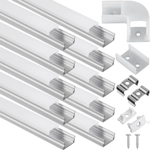 VEVOR LED U Channels, 10-Pack 6.6 ft U-shaped LED Channel System, Aluminum LED Strip Light Channels, LED Channels with Diffused Cover, End Caps, and Mounting Clips for LED Strip Light Installations