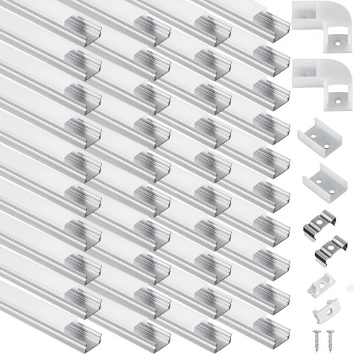 VEVOR LED U Channels, 40-Pack 3.3 ft U-Shaped LED Channel System, Aluminum LED Strip Light Channels, LED Channels with Diffused Cover, End Caps, and Mounting Clips for LED Strip Light Installations