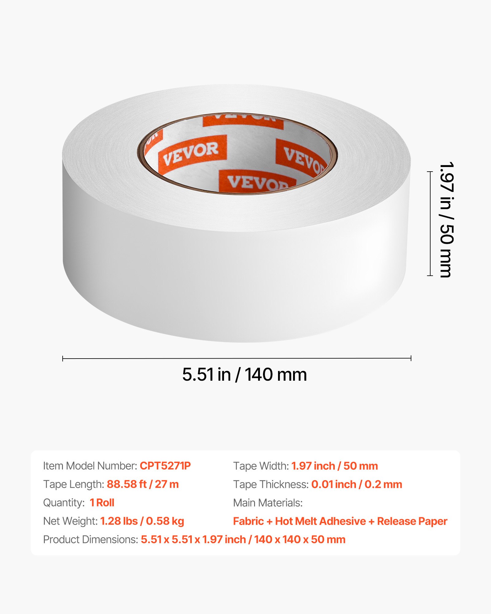 VEVOR Double Sided Carpet Tape, 2 Inch x 30 Yards, Strong Adhesive and Residue-Free, Heavy-duty Sticker Rug Tape Grippers for Area Rugs, Carpets, Laminate, Tile, Concrete, and Hardwood Floors