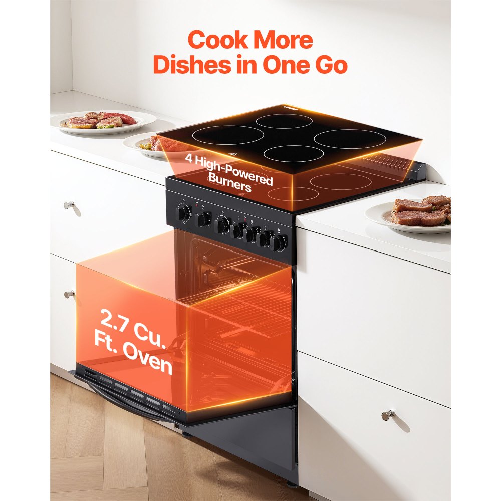 VEVOR 24 in Electric Range Oven, 2.7 Cu. Ft. Capacity Compact Freestanding Oven, Stainless Steel Kitchen Stove with 4 Burners, Easy Reach Rack, Storage Drawer, Drip Pan, Indicator Light(No Power Cord)