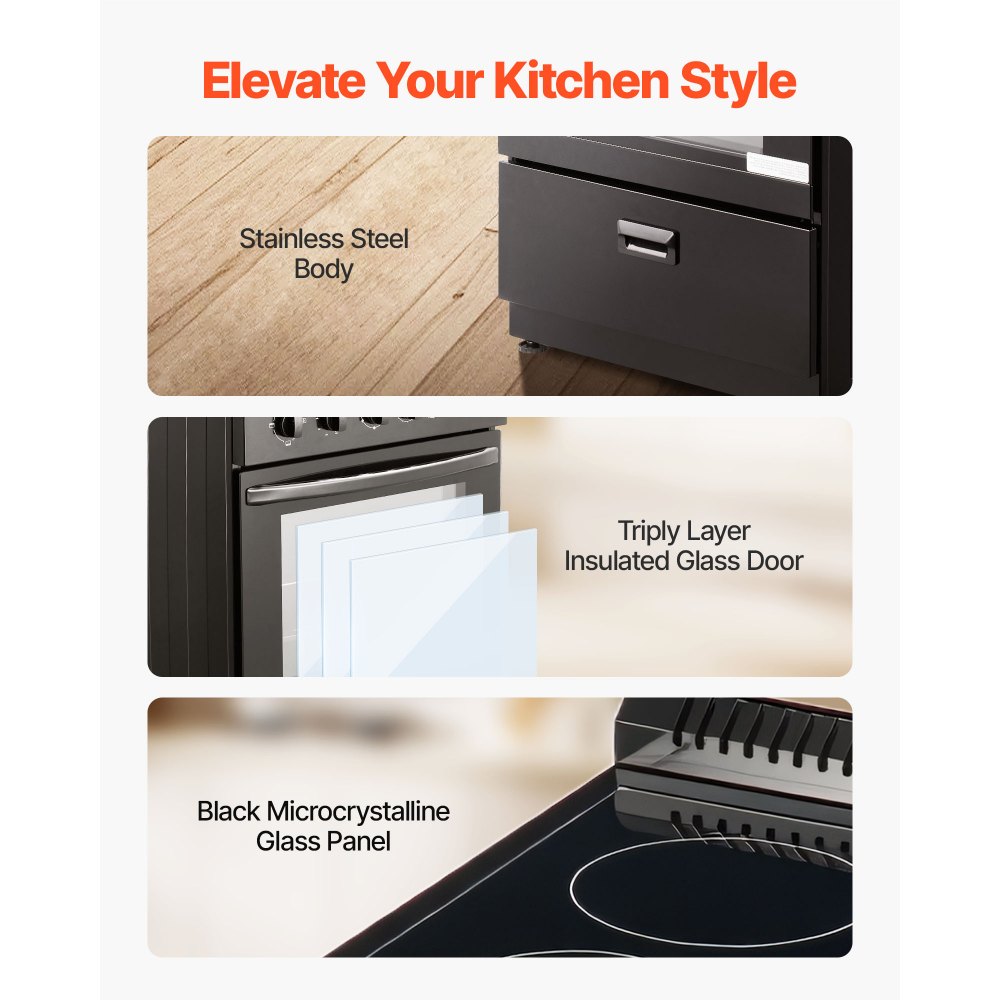 VEVOR 24 in Electric Range Oven, 2.7 Cu. Ft. Capacity Compact Freestanding Oven, Stainless Steel Kitchen Stove with 4 Burners, Easy Reach Rack, Storage Drawer, Drip Pan, Indicator Light(No Power Cord)
