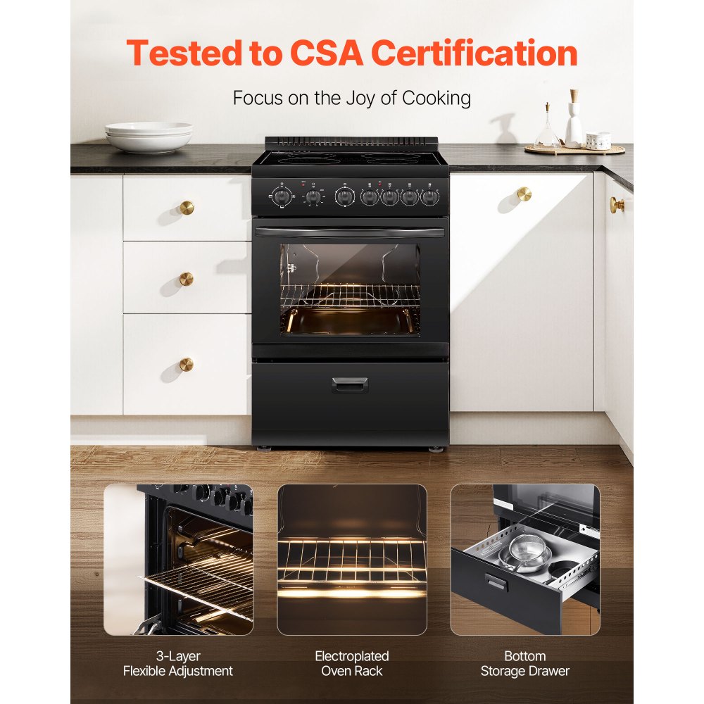 VEVOR 24 in Electric Range Oven, 2.7 Cu. Ft. Capacity Compact Freestanding Oven, Stainless Steel Kitchen Stove with 4 Burners, Easy Reach Rack, Storage Drawer, Drip Pan, Indicator Light(No Power Cord)