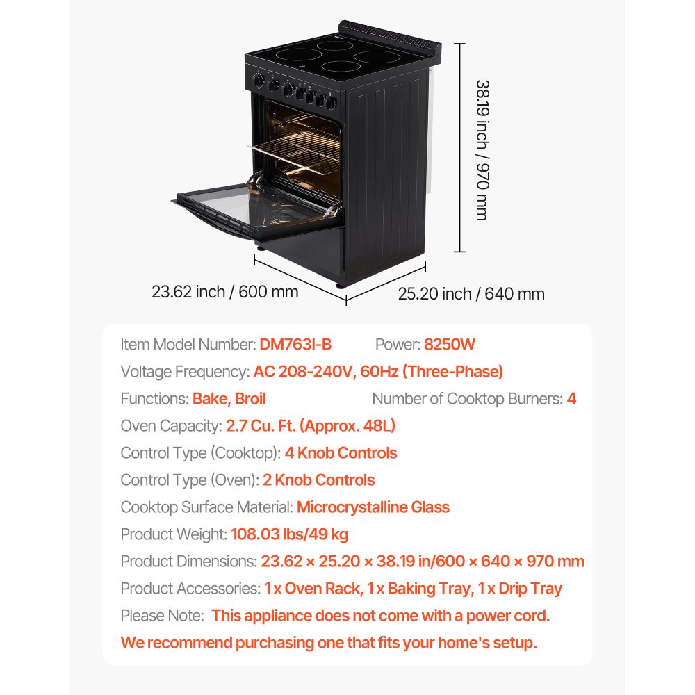 VEVOR 24 in Electric Range Oven, 2.7 Cu. Ft. Capacity Compact Freestanding Oven, Stainless Steel Kitchen Stove with 4 Burners, Easy Reach Rack, Storage Drawer, Drip Pan, Indicator Light(No Power Cord)