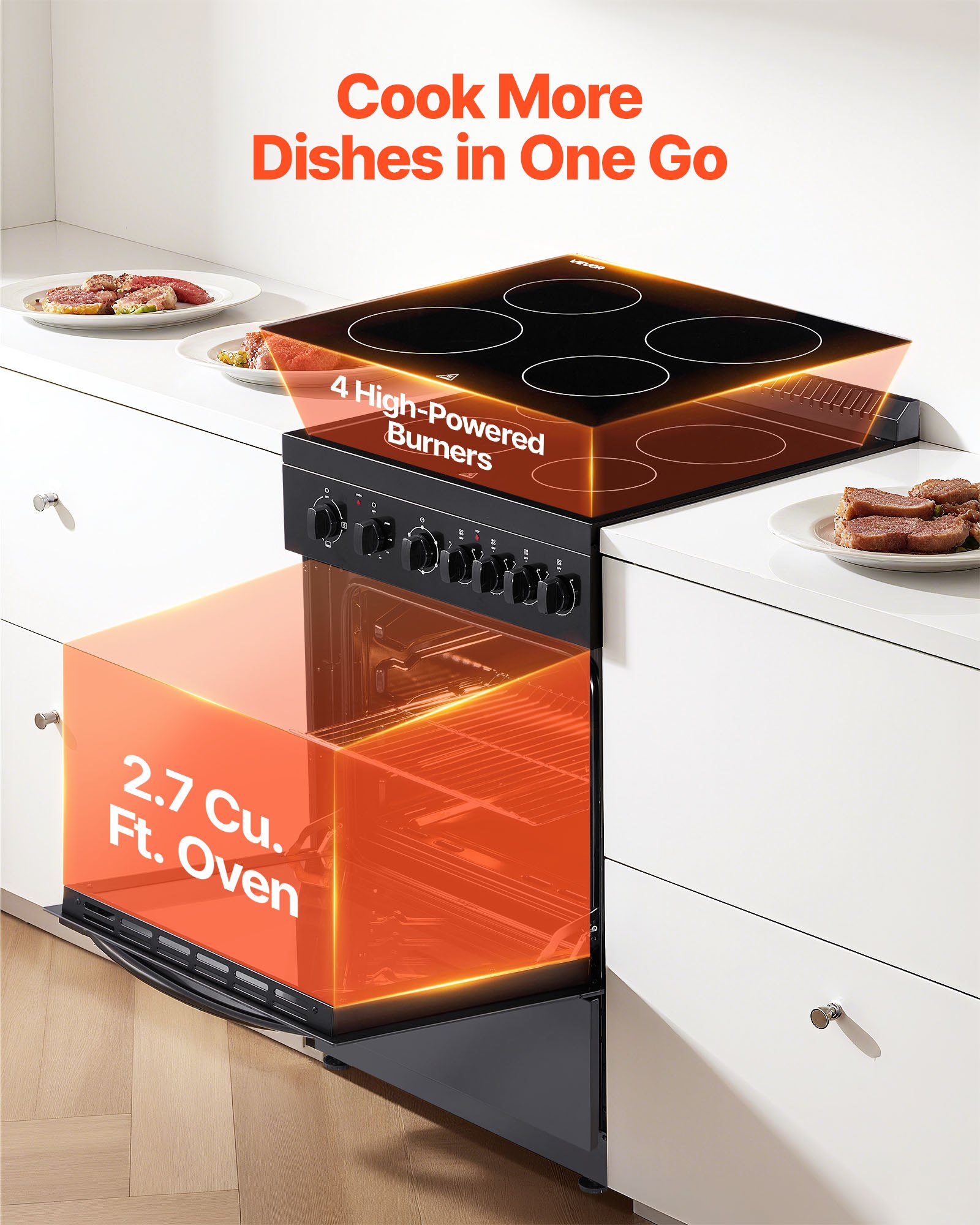 VEVOR 24 in Electric Range Oven, 2.7 Cu. Ft. Capacity Compact Freestanding Oven, Stainless Steel Kitchen Stove with 4 Burners, Easy Reach Rack, Storage Drawer, Drip Pan, Indicator Light(No Power Cord)