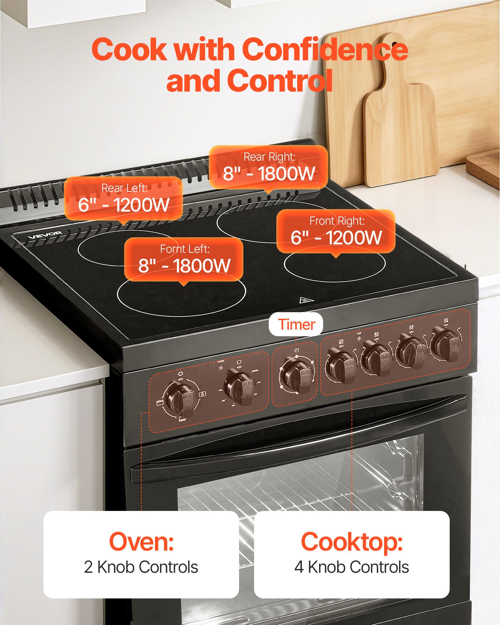 VEVOR 24 in Electric Range Oven, 2.7 Cu. Ft. Capacity Compact Freestanding Oven, Stainless Steel Kitchen Stove with 4 Burners, Easy Reach Rack, Storage Drawer, Drip Pan, Indicator Light(No Power Cord)