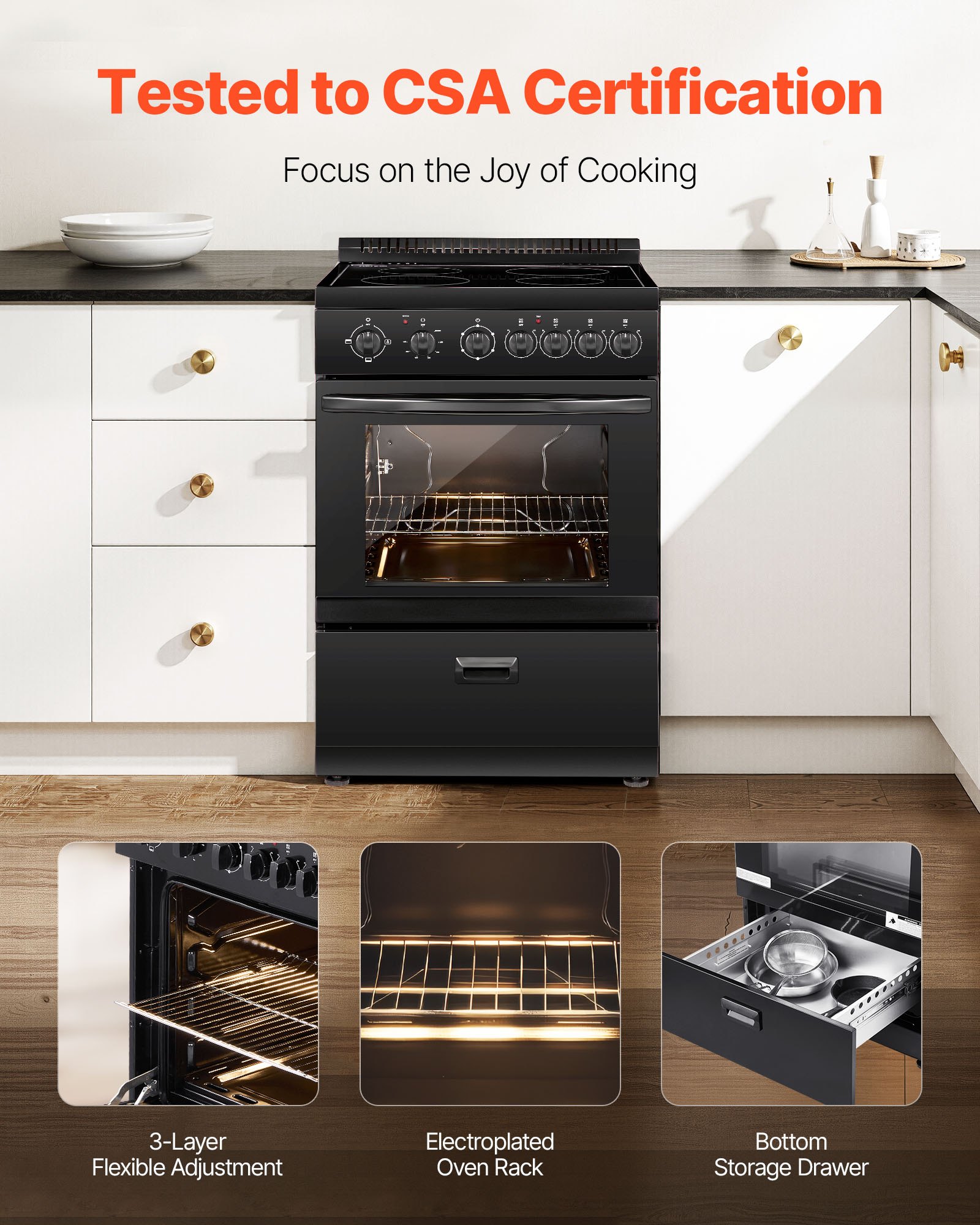 VEVOR 24 in Electric Range Oven, 2.7 Cu. Ft. Capacity Compact Freestanding Oven, Stainless Steel Kitchen Stove with 4 Burners, Easy Reach Rack, Storage Drawer, Drip Pan, Indicator Light(No Power Cord)