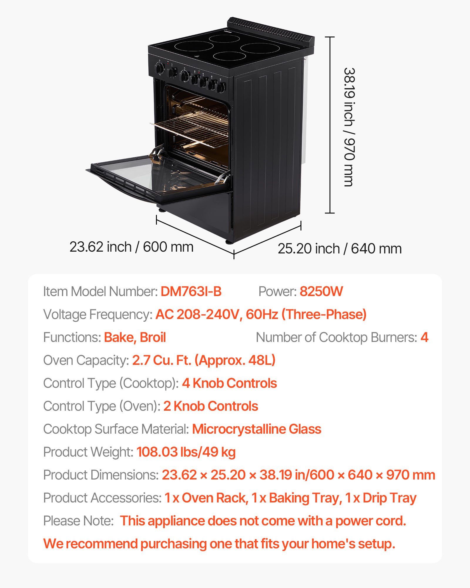 VEVOR 24 in Electric Range Oven, 2.7 Cu. Ft. Capacity Compact Freestanding Oven, Stainless Steel Kitchen Stove with 4 Burners, Easy Reach Rack, Storage Drawer, Drip Pan, Indicator Light(No Power Cord)