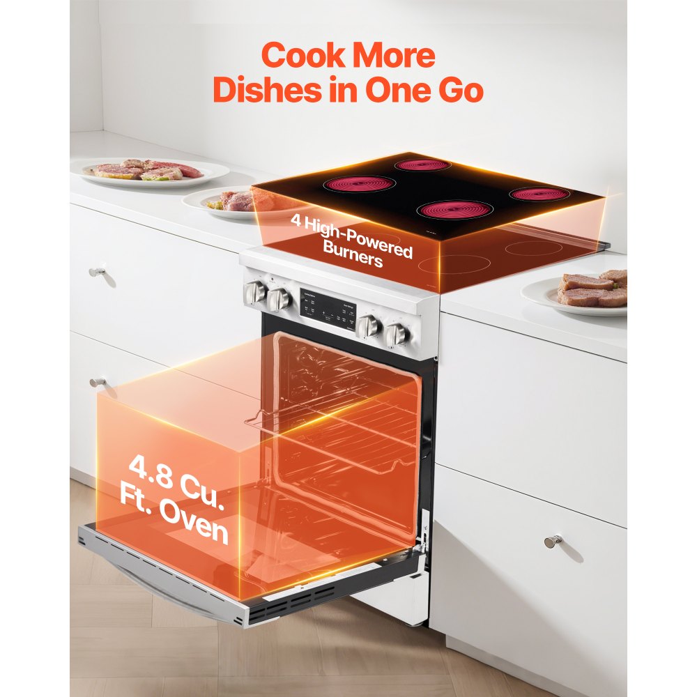 VEVOR 30 in Electric Range Oven, 4.8 Cu. Ft. Capacity Compact Freestanding Oven, Stainless Steel Kitchen Stove, with 4 Cooktop Burners, Timer, Easy Reach Racks, Storage Drawer, Light(No Power Cord)