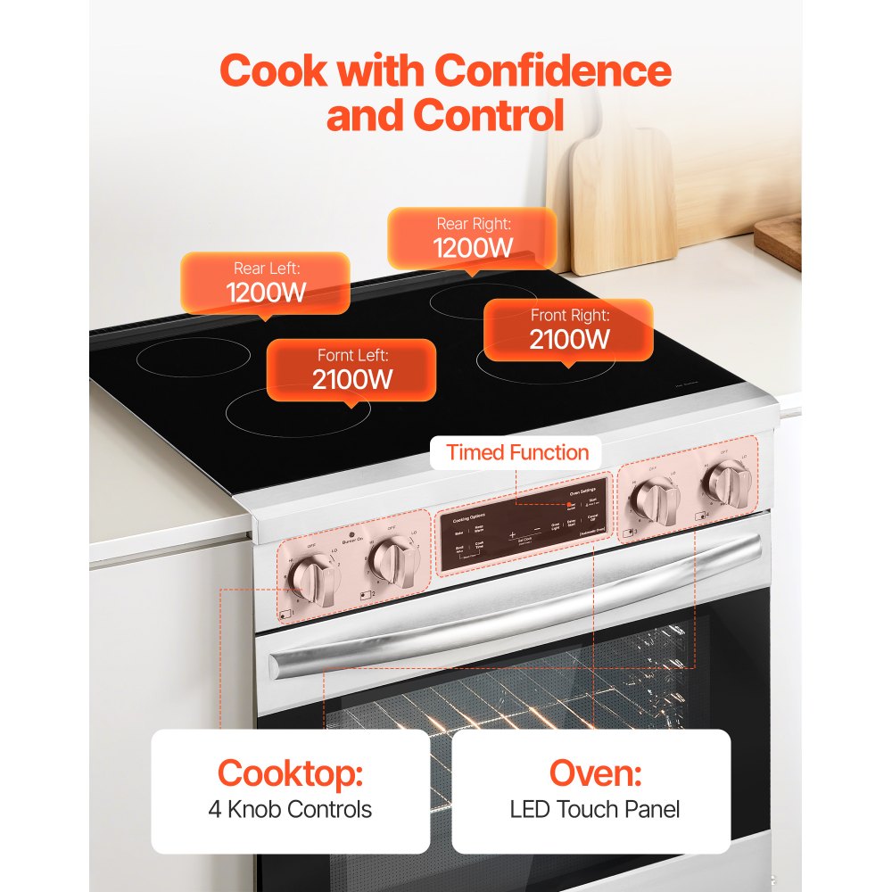 VEVOR 30 in Electric Range Oven, 4.8 Cu. Ft. Capacity Compact Freestanding Oven, Stainless Steel Kitchen Stove, with 4 Cooktop Burners, Timer, Easy Reach Racks, Storage Drawer, Light(No Power Cord)