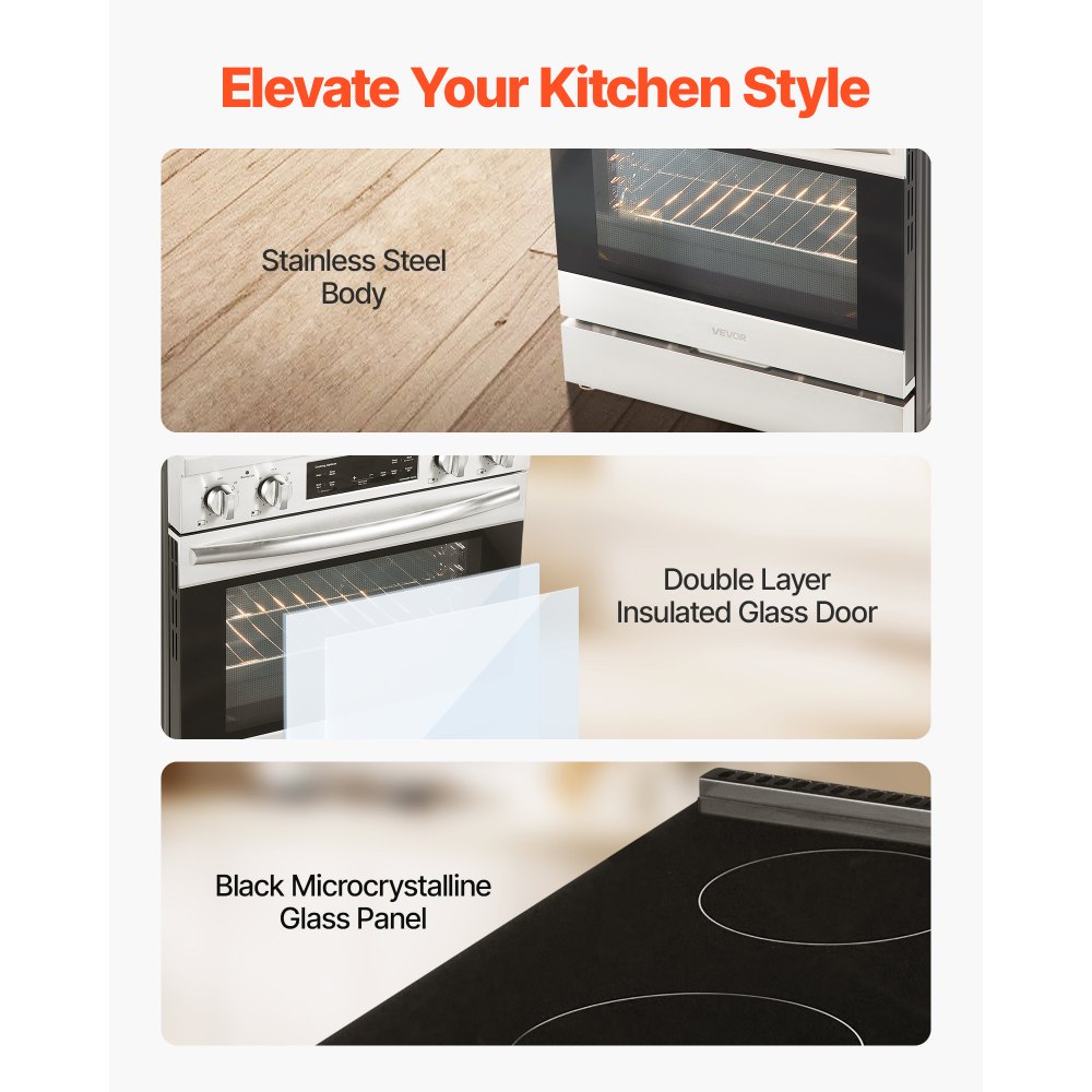 VEVOR 30 in Electric Range Oven, 4.8 Cu. Ft. Capacity Compact Freestanding Oven, Stainless Steel Kitchen Stove, with 4 Cooktop Burners, Timer, Easy Reach Racks, Storage Drawer, Light(No Power Cord)