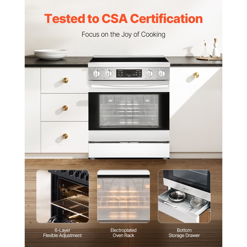 VEVOR 30 in Electric Range Oven, 4.8 Cu. Ft. Capacity Compact Freestanding Oven, Stainless Steel Kitchen Stove, with 4 Cooktop Burners, Timer, Easy Reach Racks, Storage Drawer, Light(No Power Cord)