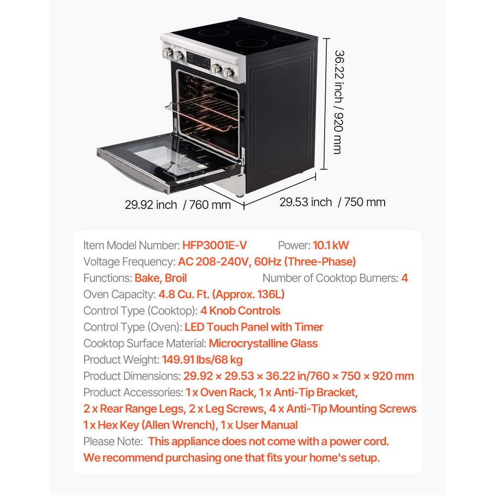 VEVOR 30 in Electric Range Oven, 4.8 Cu. Ft. Capacity Compact Freestanding Oven, Stainless Steel Kitchen Stove, with 4 Cooktop Burners, Timer, Easy Reach Racks, Storage Drawer, Light(No Power Cord)
