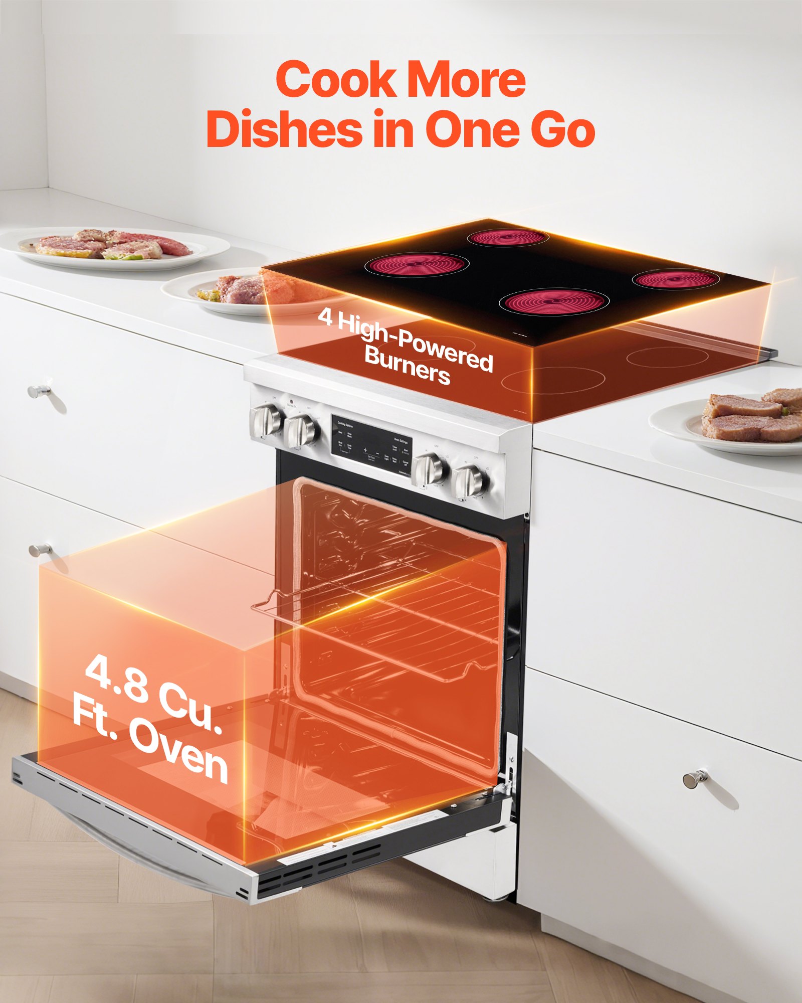 VEVOR 30 in Electric Range Oven, 4.8 Cu. Ft. Capacity Compact Freestanding Oven, Stainless Steel Kitchen Stove, with 4 Cooktop Burners, Timer, Easy Reach Racks, Storage Drawer, Light(No Power Cord)