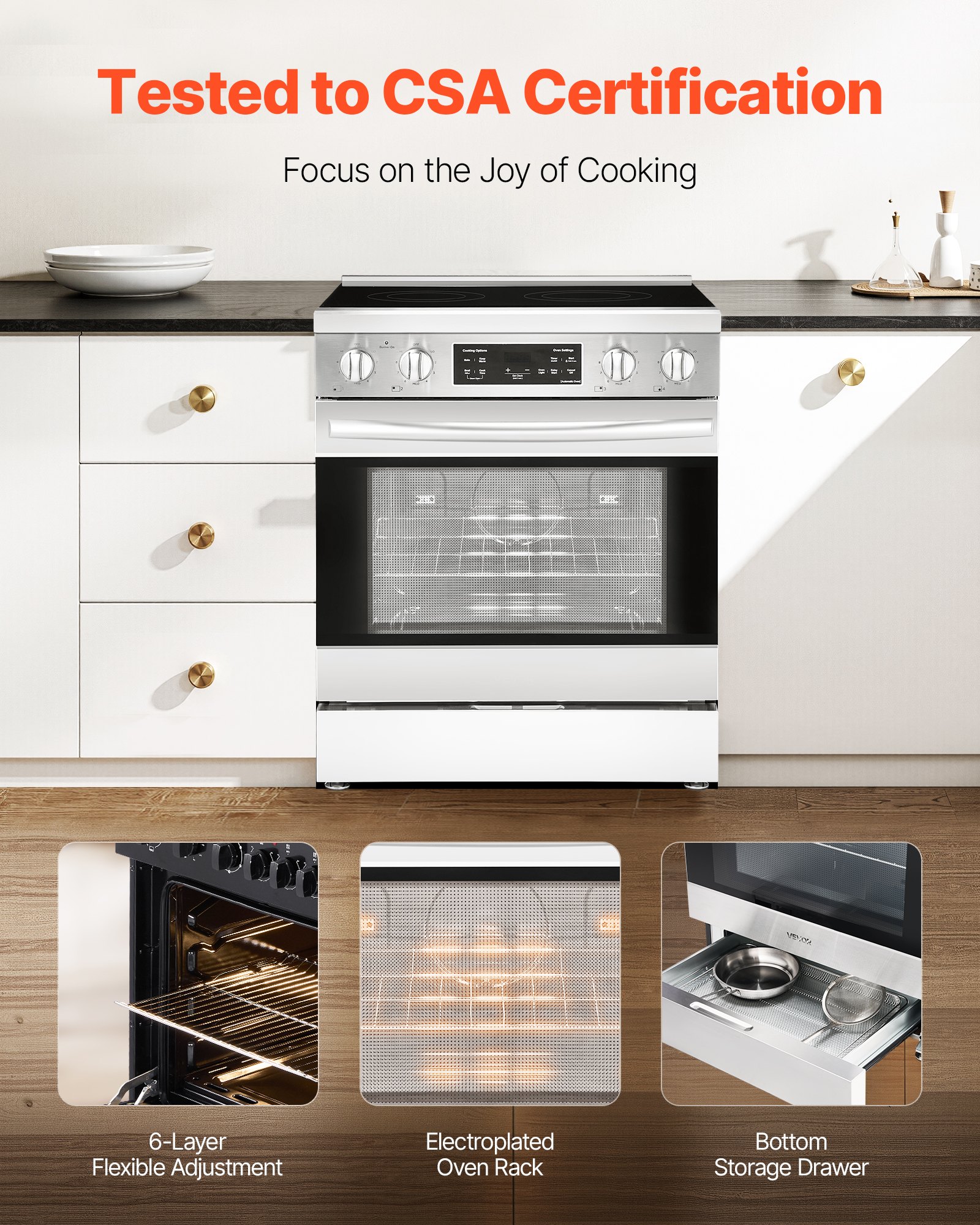 VEVOR 30 in Electric Range Oven, 4.8 Cu. Ft. Capacity Compact Freestanding Oven, Stainless Steel Kitchen Stove, with 4 Cooktop Burners, Timer, Easy Reach Racks, Storage Drawer, Light(No Power Cord)