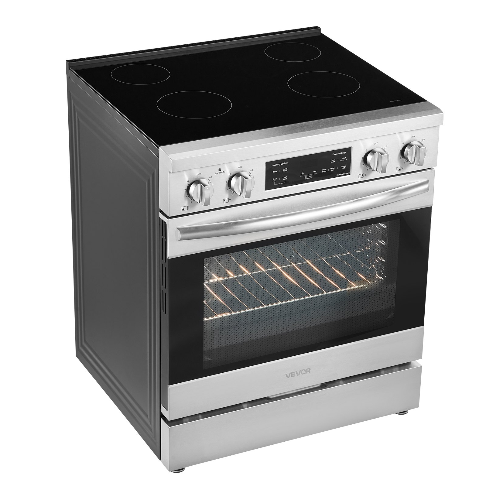 VEVOR 30 in Electric Range Oven, 4.8 Cu. Ft. Capacity Compact Freestanding Oven, Stainless Steel Kitchen Stove, with 4 Cooktop Burners, Timer, Easy Reach Racks, Storage Drawer, Light(No Power Cord)