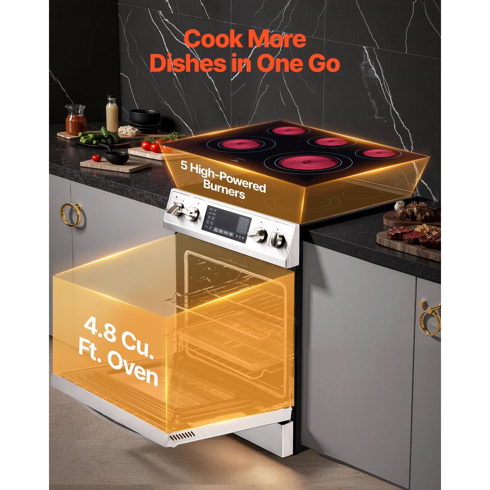 VEVOR 30 in Electric Range Oven, 4.8 Cu. Ft. Capacity Compact Freestanding Oven, Stainless Steel Kitchen Stove, with 5 Burners, Timer, Self-Cleaning, Easy Reach Racks, Storage Drawer(No Power Cord)