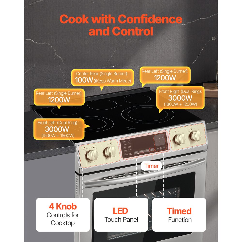VEVOR 30 in Electric Range Oven, 4.8 Cu. Ft. Capacity Compact Freestanding Oven, Stainless Steel Kitchen Stove, with 5 Burners, Timer, Self-Cleaning, Easy Reach Racks, Storage Drawer(No Power Cord)
