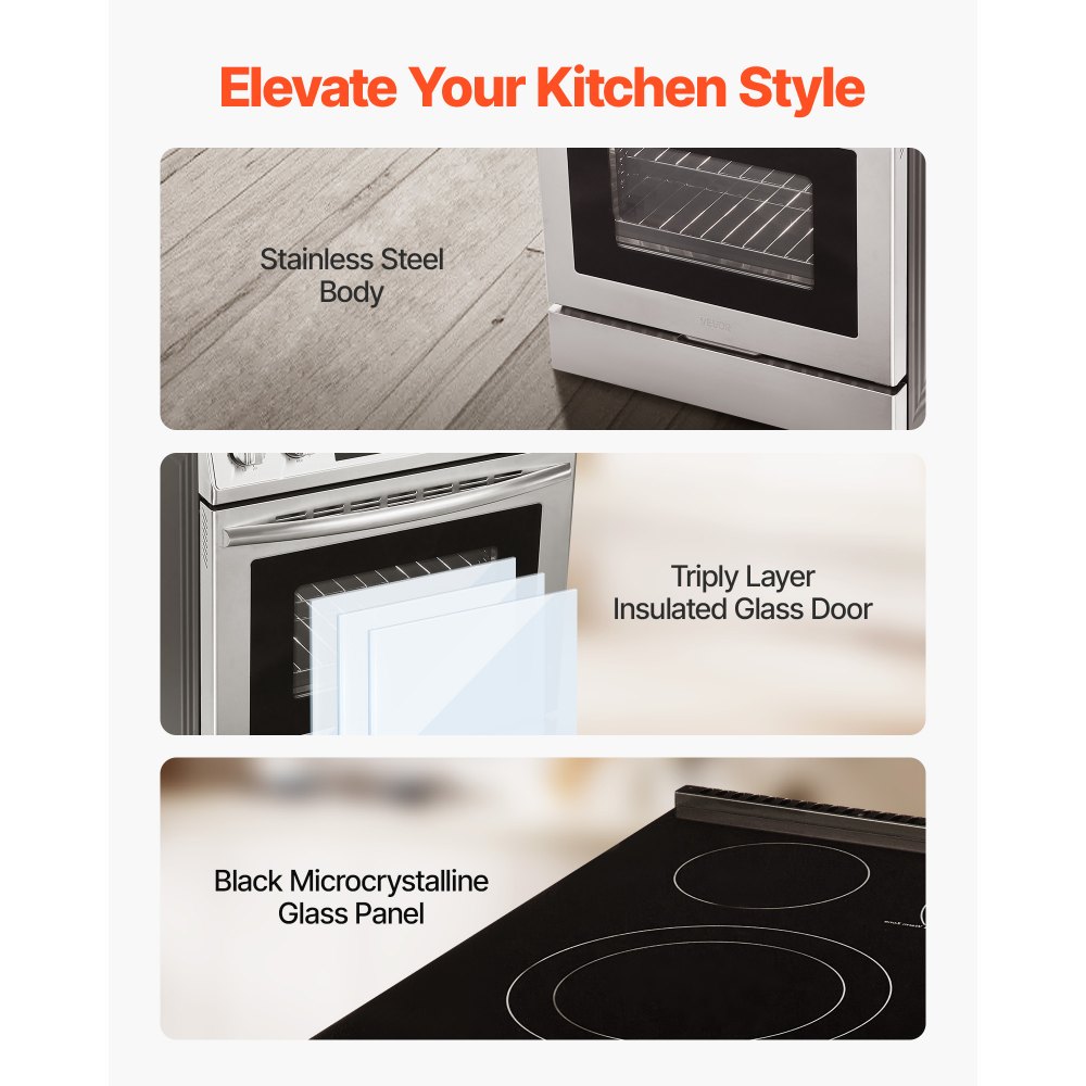 VEVOR 30 in Electric Range Oven, 4.8 Cu. Ft. Capacity Compact Freestanding Oven, Stainless Steel Kitchen Stove, with 5 Burners, Timer, Self-Cleaning, Easy Reach Racks, Storage Drawer(No Power Cord)