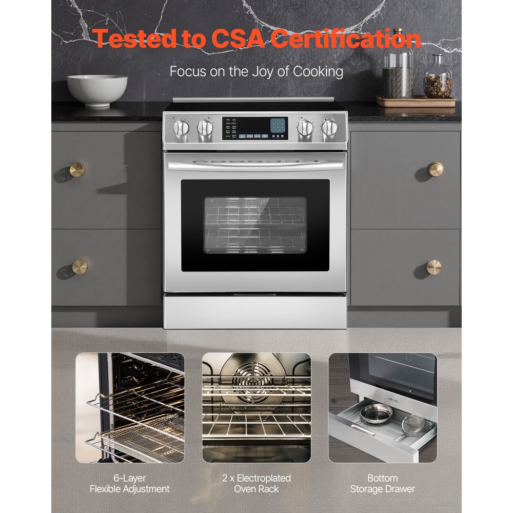 VEVOR 30 in Electric Range Oven, 4.8 Cu. Ft. Capacity Compact Freestanding Oven, Stainless Steel Kitchen Stove, with 5 Burners, Timer, Self-Cleaning, Easy Reach Racks, Storage Drawer(No Power Cord)