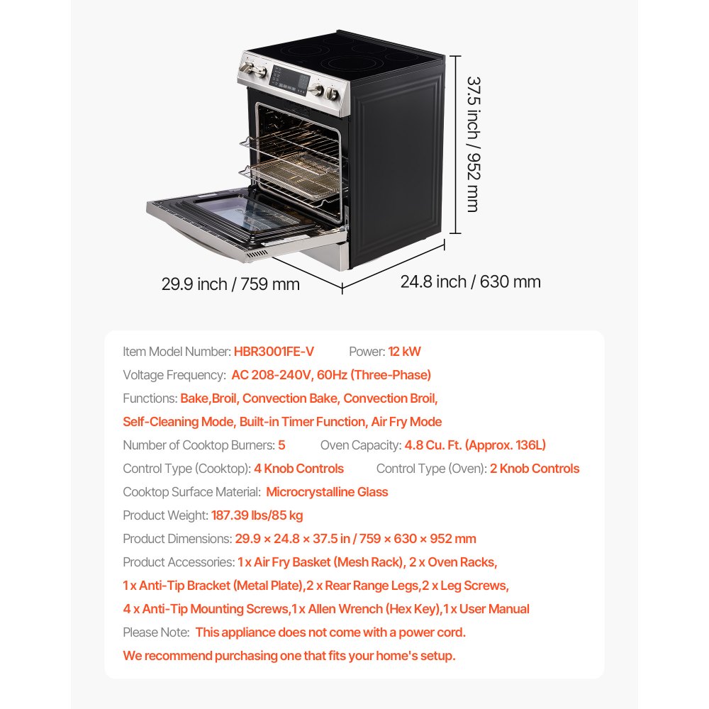 VEVOR 30 in Electric Range Oven, 4.8 Cu. Ft. Capacity Compact Freestanding Oven, Stainless Steel Kitchen Stove, with 5 Burners, Timer, Self-Cleaning, Easy Reach Racks, Storage Drawer(No Power Cord)