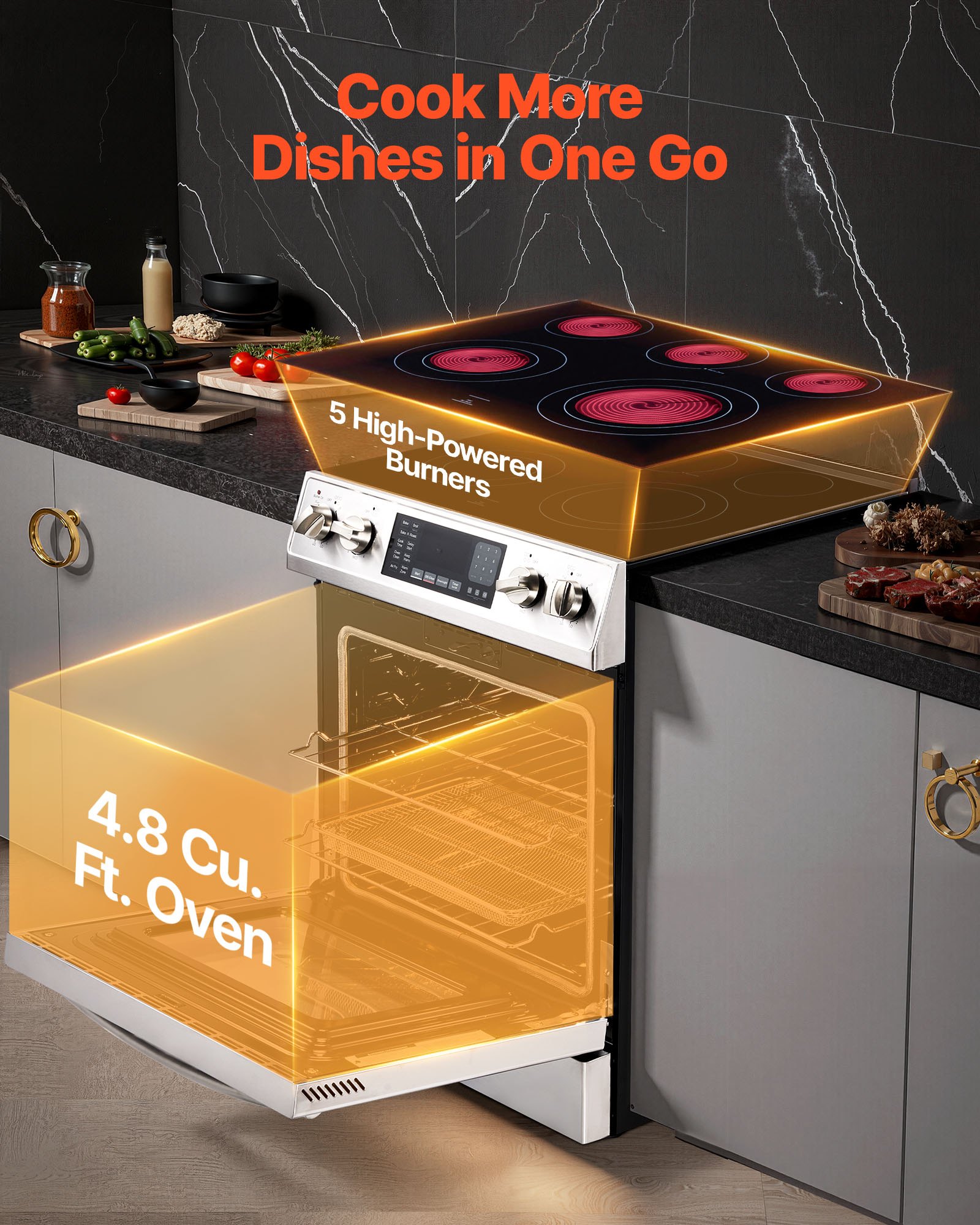 VEVOR 30 in Electric Range Oven, 4.8 Cu. Ft. Capacity Compact Freestanding Oven, Stainless Steel Kitchen Stove, with 5 Burners, Timer, Self-Cleaning, Easy Reach Racks, Storage Drawer(No Power Cord)