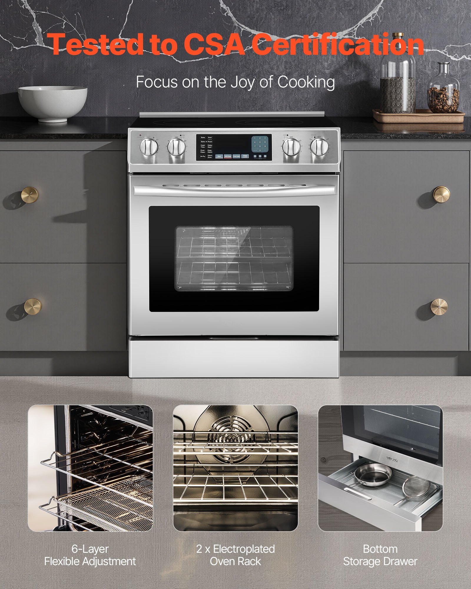 VEVOR 30 in Electric Range Oven, 4.8 Cu. Ft. Capacity Compact Freestanding Oven, Stainless Steel Kitchen Stove, with 5 Burners, Timer, Self-Cleaning, Easy Reach Racks, Storage Drawer(No Power Cord)