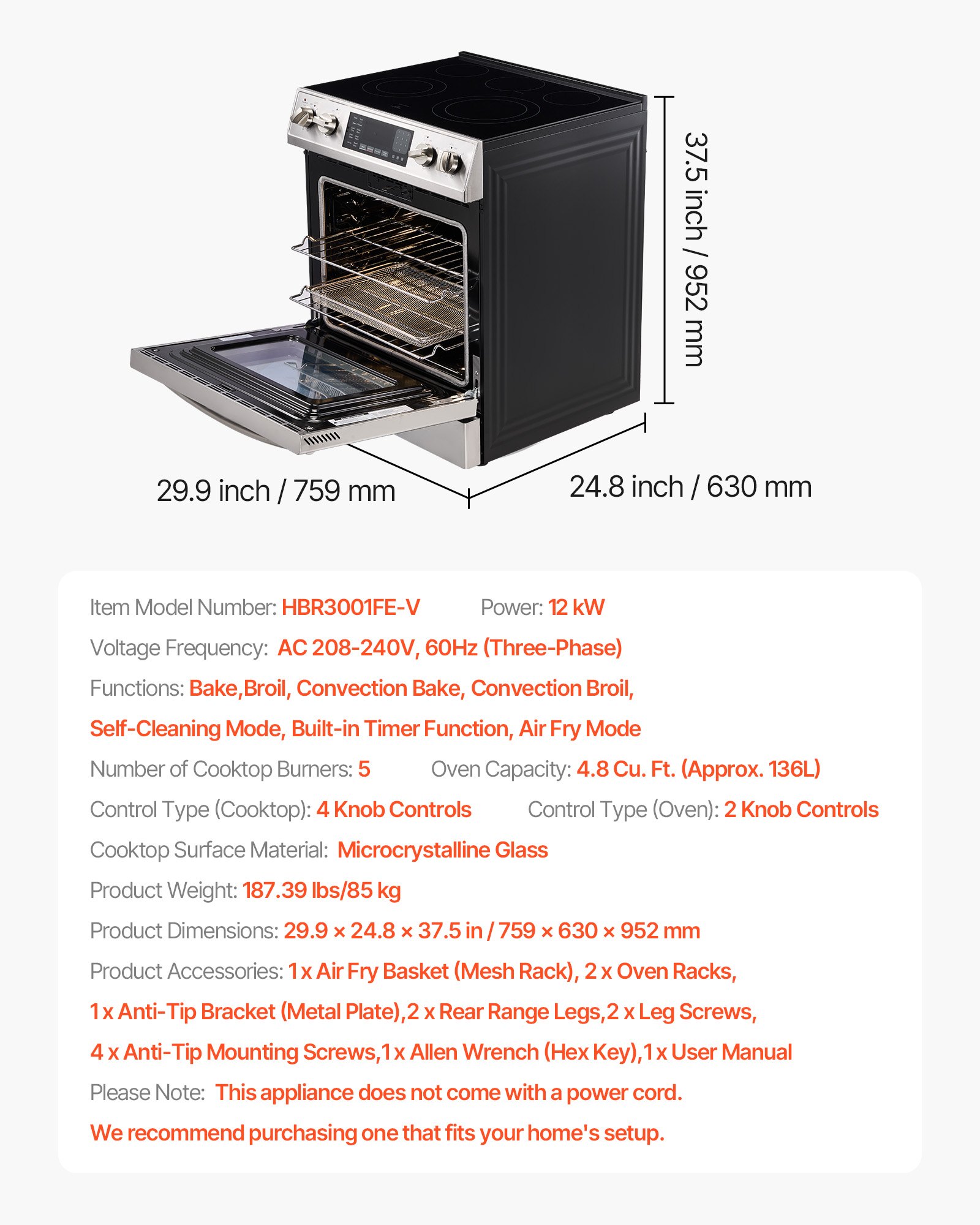 VEVOR 30 in Electric Range Oven, 4.8 Cu. Ft. Capacity Compact Freestanding Oven, Stainless Steel Kitchen Stove, with 5 Burners, Timer, Self-Cleaning, Easy Reach Racks, Storage Drawer(No Power Cord)