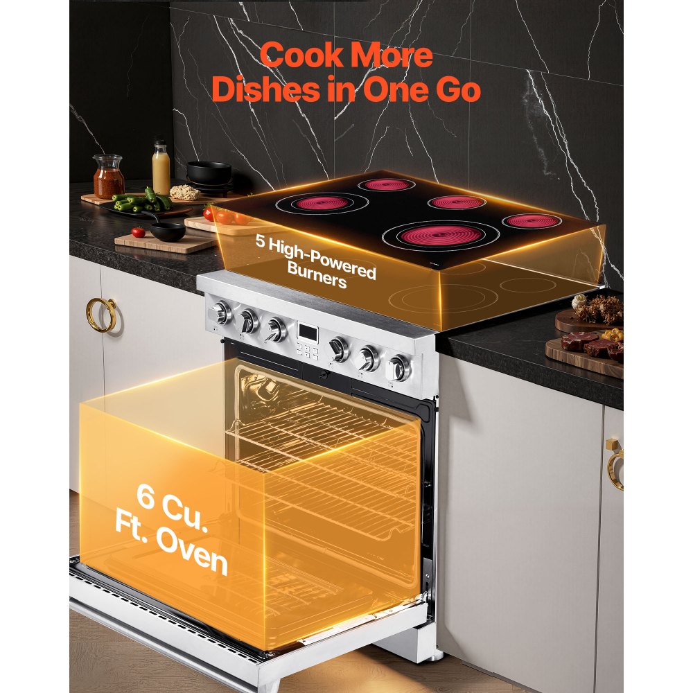 VEVOR 36 in Electric Range Oven, 6.0 Cu. Ft. Capacity Compact Freestanding Oven, Stainless Steel Kitchen Stove, with 5 Burners, Digital Screen Button Control, Easy Reach Racks for RV(No Power Cord)