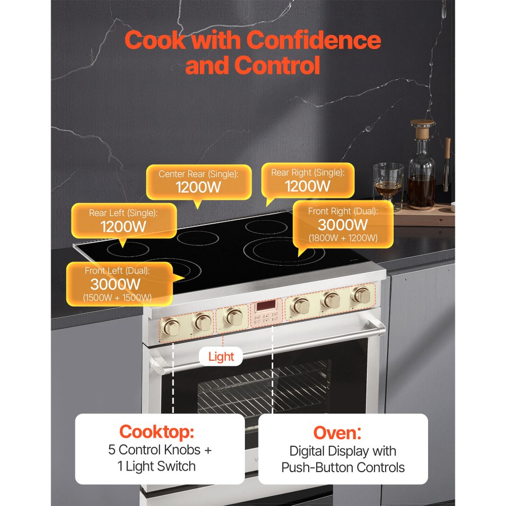 VEVOR 36 in Electric Range Oven, 6.0 Cu. Ft. Capacity Compact Freestanding Oven, Stainless Steel Kitchen Stove, with 5 Burners, Digital Screen Button Control, Easy Reach Racks for RV(No Power Cord)