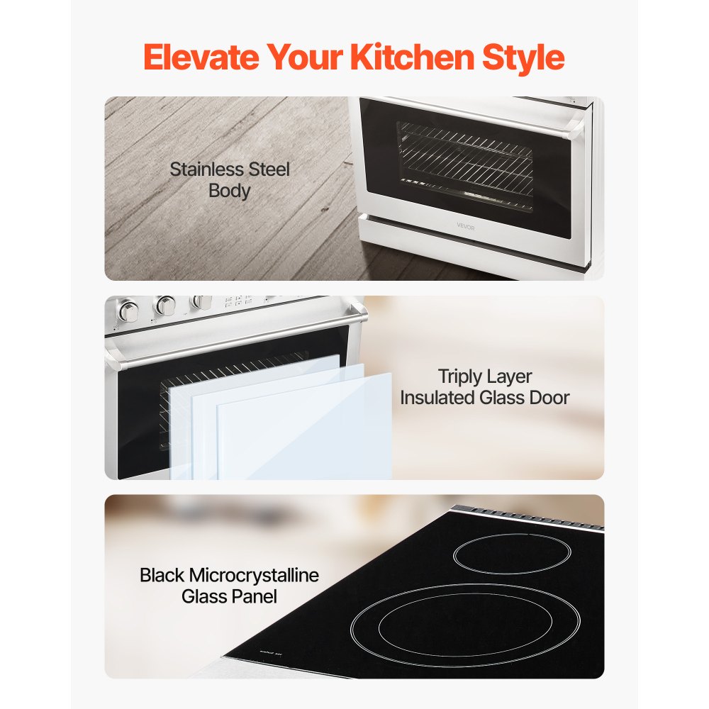 VEVOR 36 in Electric Range Oven, 6.0 Cu. Ft. Capacity Compact Freestanding Oven, Stainless Steel Kitchen Stove, with 5 Burners, Digital Screen Button Control, Easy Reach Racks for RV(No Power Cord)