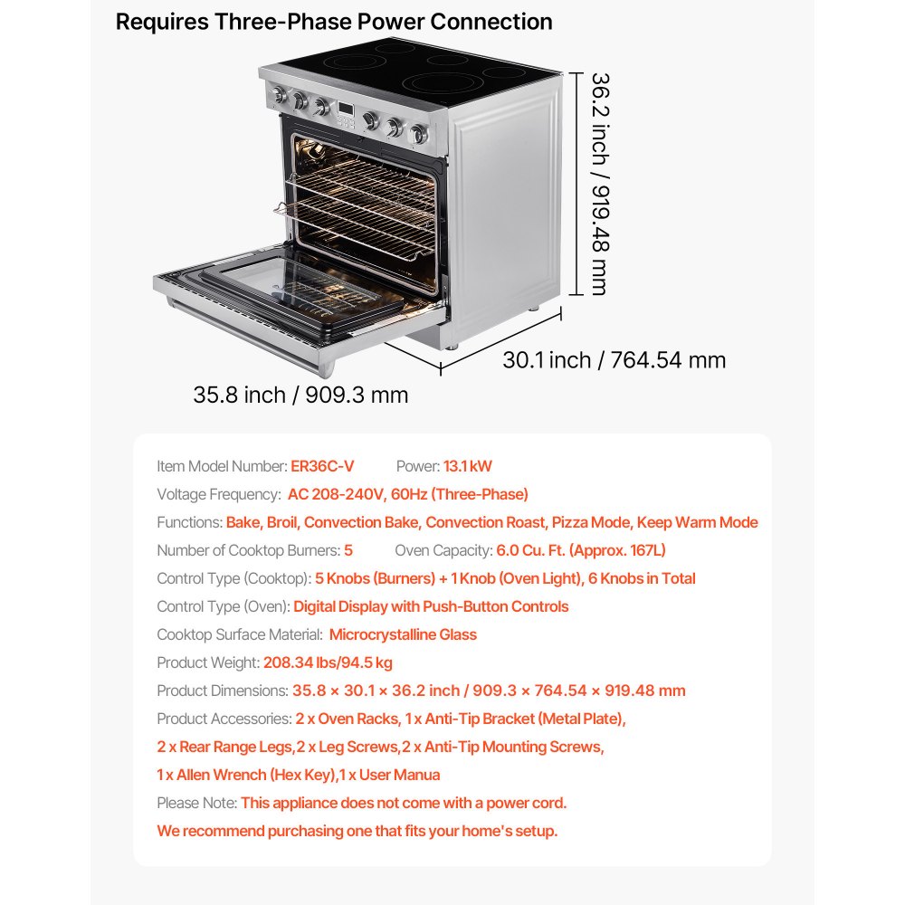 VEVOR 36 in Electric Range Oven, 6.0 Cu. Ft. Capacity Compact Freestanding Oven, Stainless Steel Kitchen Stove, with 5 Burners, Digital Screen Button Control, Easy Reach Racks for RV(No Power Cord)