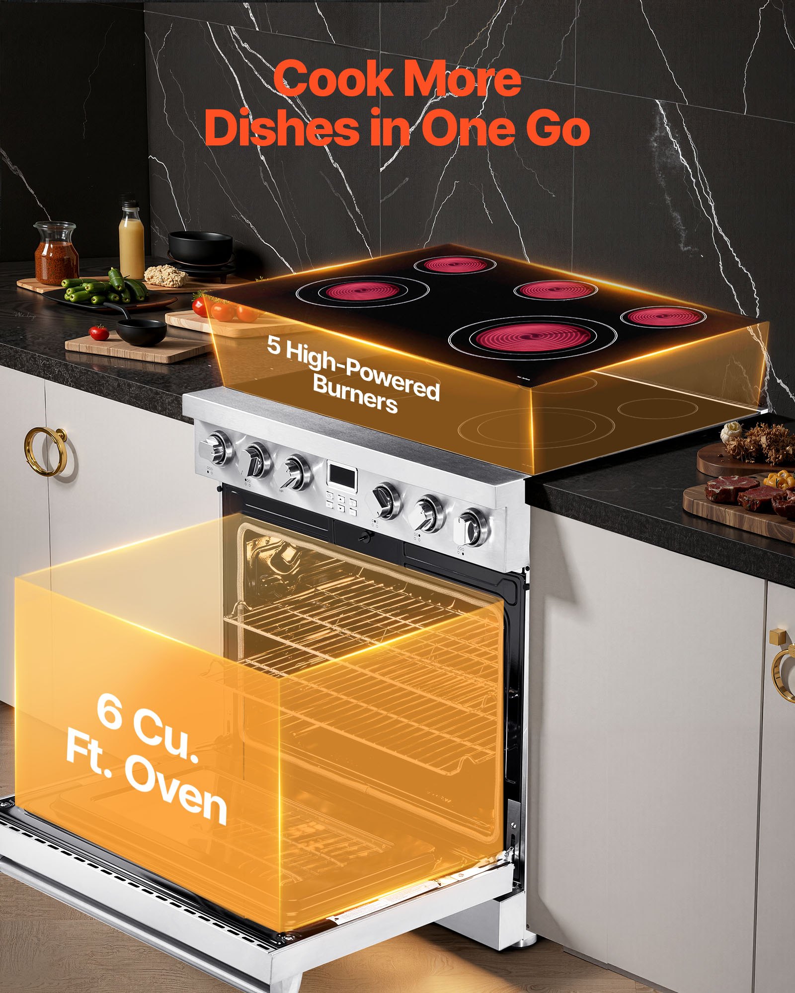 VEVOR 36 in Electric Range Oven, 6.0 Cu. Ft. Capacity Compact Freestanding Oven, Stainless Steel Kitchen Stove, with 5 Burners, Digital Screen Button Control, Easy Reach Racks for RV(No Power Cord)