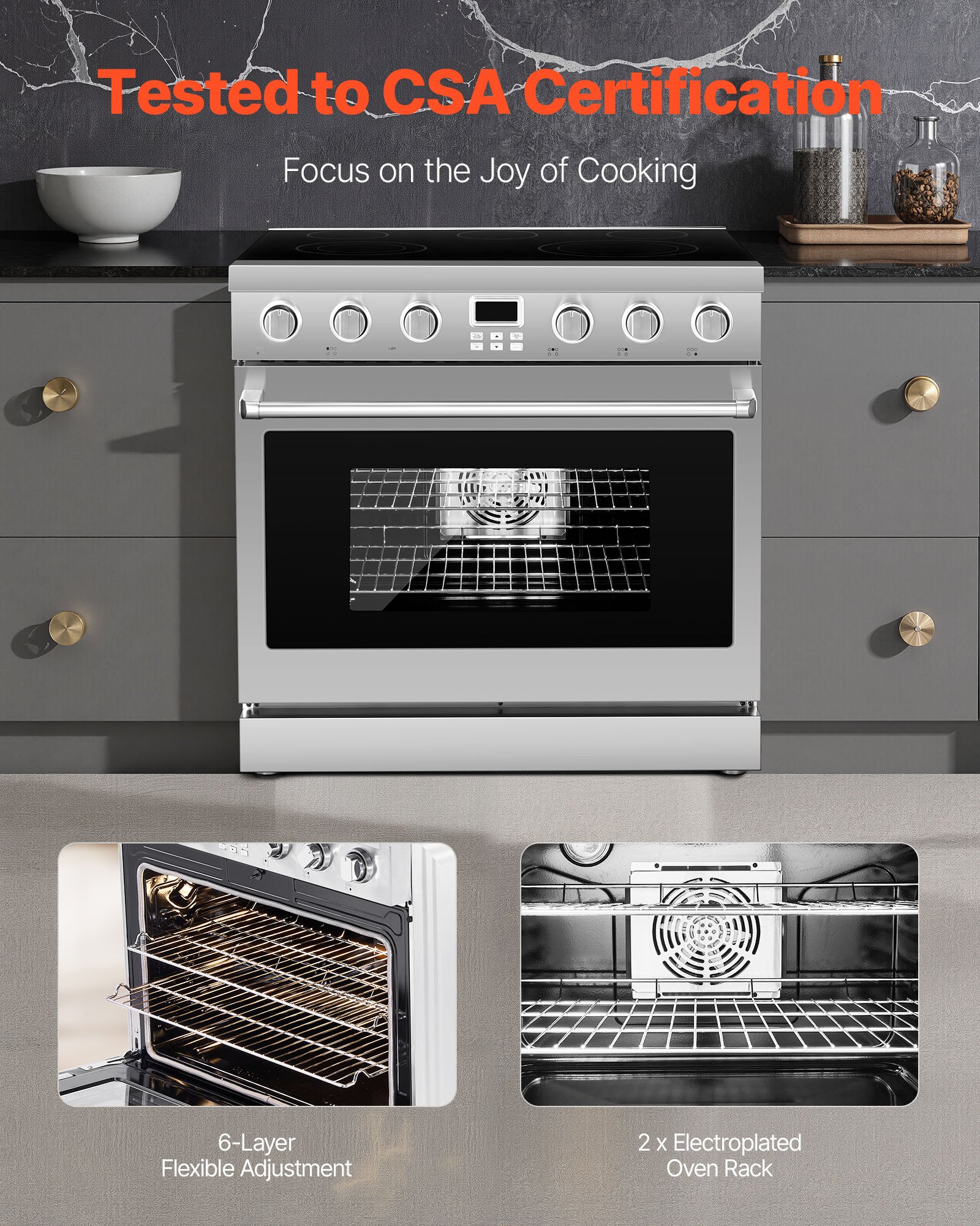 VEVOR 36 in Electric Range Oven, 6.0 Cu. Ft. Capacity Compact Freestanding Oven, Stainless Steel Kitchen Stove, with 5 Burners, Digital Screen Button Control, Easy Reach Racks for RV(No Power Cord)