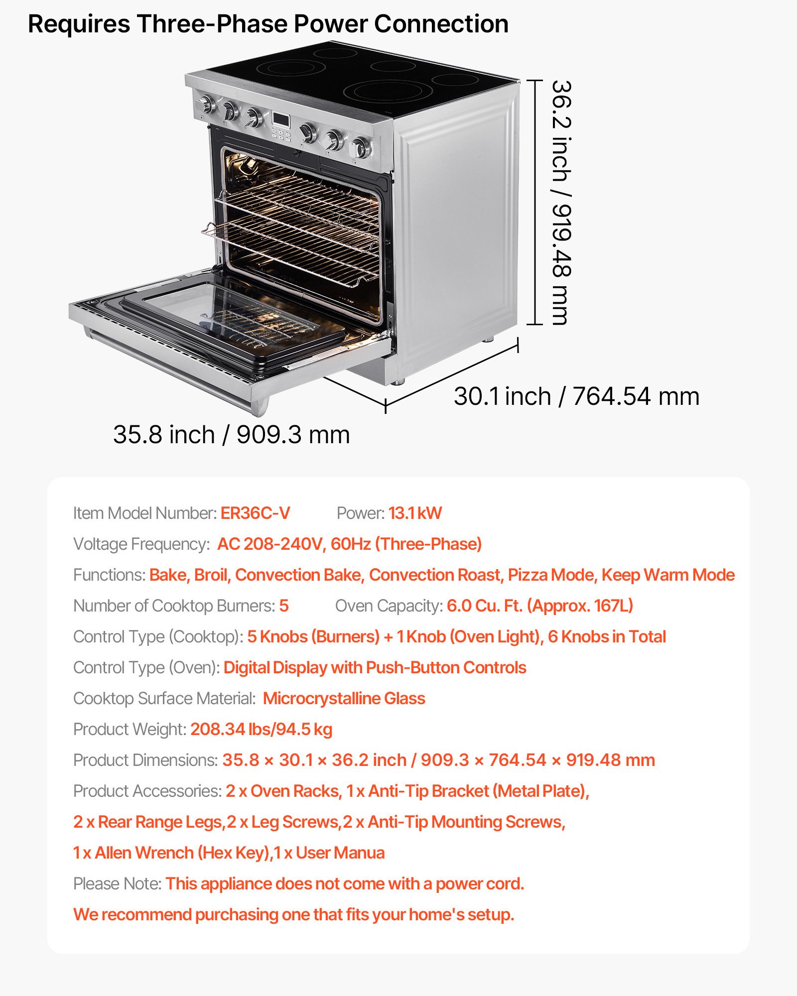VEVOR 36 in Electric Range Oven, 6.0 Cu. Ft. Capacity Compact Freestanding Oven, Stainless Steel Kitchen Stove, with 5 Burners, Digital Screen Button Control, Easy Reach Racks for RV(No Power Cord)