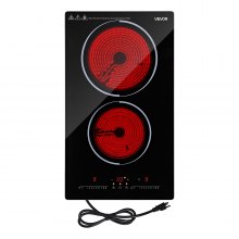 VEVOR Electric Cooktop 12inch 2 Burners Portable Stove Top 1800W 120V, Ceramic Countertop/Built-in Radiant Electric Stove, with 9 Power Levels, Timer, Child Lock, Over-Heat Guard, Touch Control