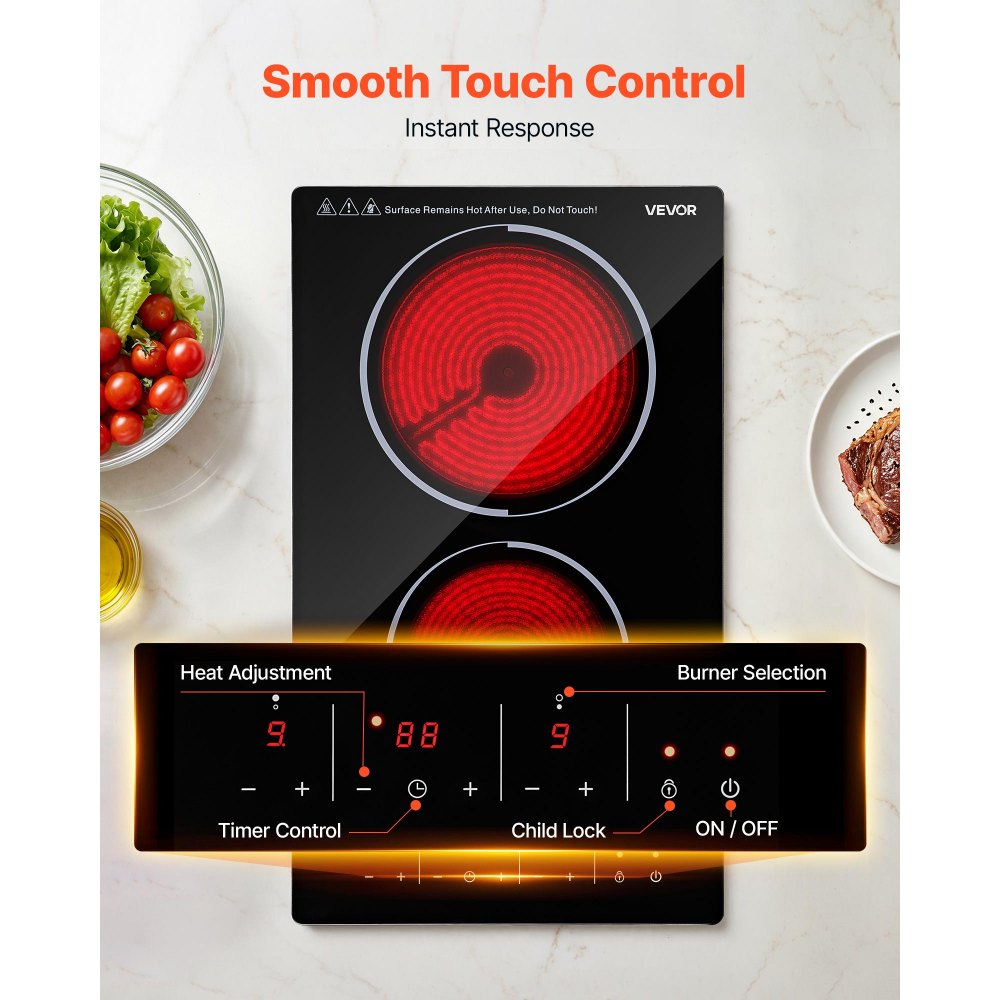 VEVOR Electric Cooktop 30cm 2 Burners Portable Stove Top 3000W 220V, Ceramic Countertop/Built-in Radiant Electric Stove, with 9 Power Levels, Timer, Child Lock, Over-Heat Guard, Touch Control