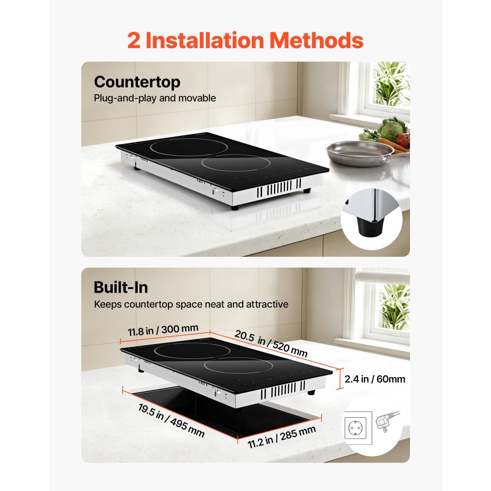 VEVOR Electric Cooktop 30cm 2 Burners Portable Stove Top 3000W 220V, Ceramic Countertop/Built-in Radiant Electric Stove, with 9 Power Levels, Timer, Child Lock, Over-Heat Guard, Touch Control