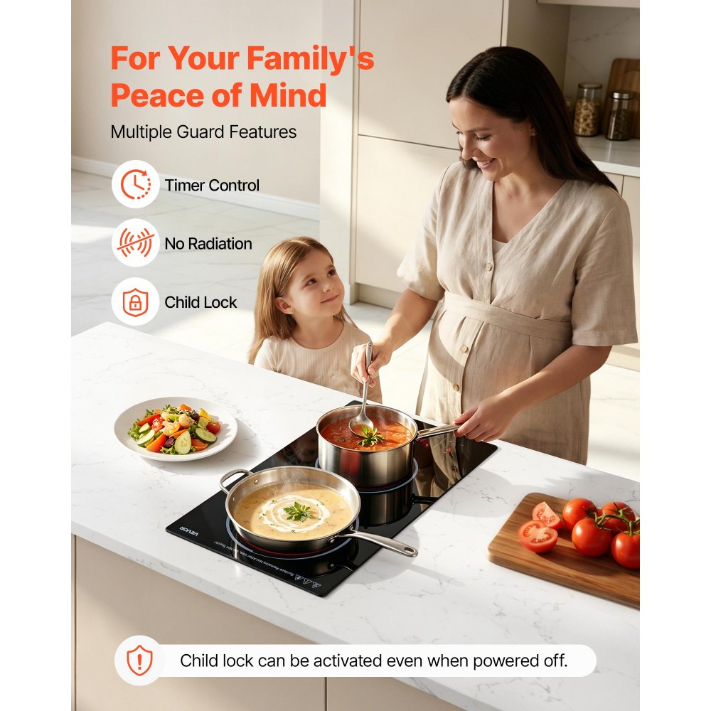 VEVOR Electric Cooktop 30cm 2 Burners Portable Stove Top 3000W 220V, Ceramic Countertop/Built-in Radiant Electric Stove, with 9 Power Levels, Timer, Child Lock, Over-Heat Guard, Touch Control