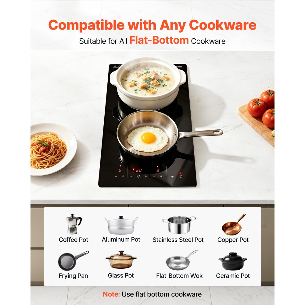 VEVOR Electric Cooktop 30cm 2 Burners Portable Stove Top 3000W 220V, Ceramic Countertop/Built-in Radiant Electric Stove, with 9 Power Levels, Timer, Child Lock, Over-Heat Guard, Touch Control