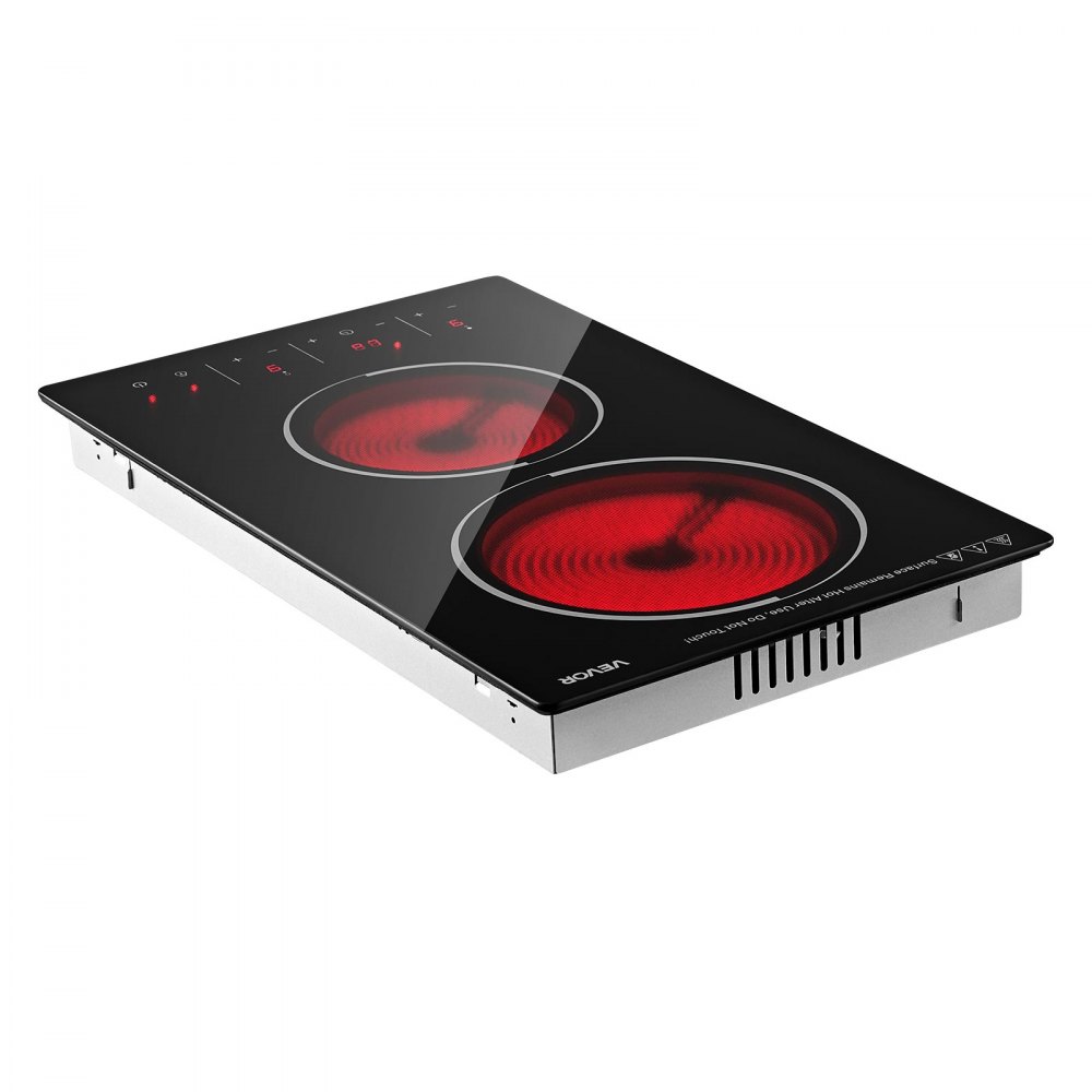 VEVOR Electric Cooktop 30cm 2 Burners Portable Stove Top 3000W 220V, Ceramic Countertop/Built-in Radiant Electric Stove, with 9 Power Levels, Timer, Child Lock, Over-Heat Guard, Touch Control