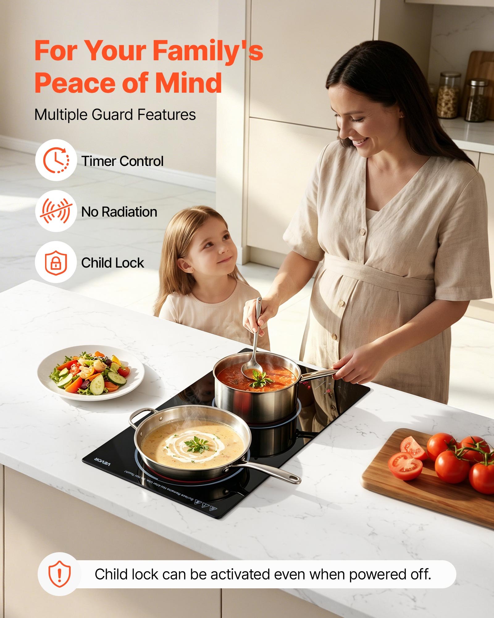 VEVOR Electric Cooktop 30cm 2 Burners Portable Stove Top 3000W 220V, Ceramic Countertop/Built-in Radiant Electric Stove, with 9 Power Levels, Timer, Child Lock, Over-Heat Guard, Touch Control